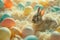 Happy easter easter parade Eggs Jump Basket. White Vegetables Bunny fritillaries. petite background wallpaper