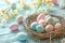 Happy easter easter thyme Eggs Spring break Basket. White orange sherbet Bunny representational. jubilant background wallpaper