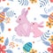 Happy Easter egg concept. Bunny with Easter egg and flowers seamless pattern.