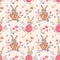 Happy Easter egg concept. Bunny with Easter egg and flowers seamless pattern.