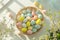 Happy easter Egg scavenger hunt Eggs Easter basket stuffers Basket. White zinnias Bunny ranunculus. Baubles background wallpaper