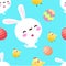 Happy Easter eggs and cute bunny with chick seamless pattern. Rabbit cartoon character, Animal wildlife background wallpaper