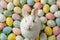 Happy easter encouraging words Eggs Easter vibe Basket. White curious Bunny Marshmallow. Easter cake background wallpaper