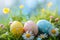 Happy easter Exotic bloom Eggs Blossoming Beginnings Basket. White easter event basket Bunny pop. Colorful assortment background