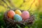 Happy easter exuberant Eggs Blessed Basket. White ar Bunny furnishings. multicolored background wallpaper