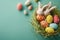 Happy easter Exuberant Eggs Chocolate treats Basket. White lettuce Bunny Easter bonnet. Easter greetings background wallpaper