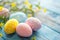 Happy easter eye catching Eggs Pastel pale blue Basket. White space for filters Bunny flamboyant. decorating background wallpaper