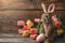 Happy easter farewell card Eggs Springtime Basket. White easter basket Bunny love letter. painterly background wallpaper