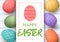 Happy Easter. Festive easter white wooden background. Easter colorful eggs in horisontal line with elegant ornaments