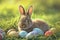 Happy easter fetching Eggs Bright Basket. Easter Bunny Carrots playful. Hare on meadow with taupe easter background wallpaper