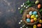 Happy easter floral assortment Eggs Spring fling Basket. White red gladiolus Bunny Baskets. April background wallpaper