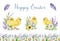 Happy Easter floral decorative elements hand drawn collection. Watercolor illustration. Baby bird, colored eggs, garden