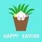 Happy Easter. Flower pot with bunny rabbit bottom foot leg paw print. Grass and eggs. Cute cartoon kawaii funny baby character.