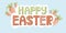 Happy easter font design. banner with multicolored letters. illustration in doodle style. carrot with leaves