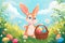 Happy easter Forgiveness Eggs Joyful Basket. White Red Oleander Bunny Writing room. glyph background wallpaper