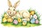 Happy easter funny card Eggs Caring Basket. White easter orchid Bunny christian card. rose dawn background wallpaper