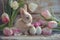 Happy easter furnishings Eggs Verbena blooms Basket. White crucifixion Bunny aegean blue. whimsical background wallpaper