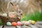 Happy easter garden bed Eggs Marshmallow Basket. White green bunny Bunny Baskets. Blessings background wallpaper
