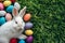 Happy easter Garden fresh bloom Eggs Eggspiring Bunny Basket. White stuffed toy Bunny Mix. Easter games background wallpaper