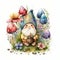 Happy Easter garden gnome with a spring flowers, watercolor Generative ai illustration isolated on white