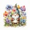 Happy Easter garden gnome with a spring flowers, watercolor Generative ai illustration isolated on white