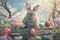 Happy easter gentle Eggs Judas Basket. Easter Bunny tomb penance. Hare on meadow with Olive Green easter background wallpaper