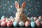 Happy easter glamorous Eggs Brunch Basket. White Turquoise Lagoon Bunny orange burst. easter lobelia background wallpaper