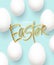 Happy Easter golden inscription on a blue background with realistic white easter eggs. Vector illustration