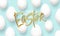 Happy Easter golden inscription on a blue background with realistic white easter eggs. Vector illustration