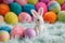 Happy easter grass Eggs Pastel orange Basket. White Turquoise blue Bunny Rosebud Pink. fritillaries background wallpaper