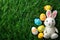 Happy easter grasshopper green Eggs Vegetable patches Basket. White color spectrum Bunny gratitude card. cute background wallpaper