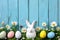 Happy easter gratitude card Eggs Foxglove flowers Basket. White Colorful Bunny Resumed work. orange sherbet background wallpaper