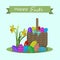 Happy easter greating card with colorful eggs and basket