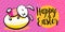 Happy easter greeting banner background with cute dressed bunny on the egg, hugging it. Striped and dots texture, with