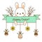 Happy Easter greeting banner. Seasonal design template with cute bunny, willow and eggs. Sweet easter rabbit hanging on blue ribbo