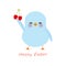 Happy Easter greeting card banner template. Kawaii blue chick cute funny bird with pink cheeks and winking eyes, red cherry,