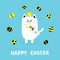 Happy Easter Greeting card. Cat holding yellow tulip flower and chicken bird set. Baby chick bird friends Painting eggs shell.Cute