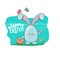 Happy easter greeting card with cute cartoon blue rabbit holding easter basket with stack of colorful eggs. Easter egg