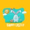 Happy easter greeting card with cute cartoon blue rabbit holding easter basket with stack of colorful eggs. Easter egg