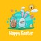 Happy easter greeting card with cute cartoon blue rabbit holding easter basket with stack of colorful eggs. Easter egg