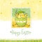 Happy easter greeting card. Cute chicken with text in stylish colors.