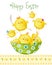 Happy easter greeting card. Cute chicken with text in stylish colors. Concept holiday spring cartoon greeting card.Congratulation