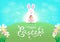 Happy Easter greeting card, cute rabbit with egg, reborn concept with sunshine, spring season calligraphy, cartoon invitation