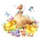Happy Easter greeting card Duck and chicken