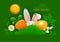 Happy Easter Greeting Card With Easter Bunny, Egg And Carrot Hiding In The Grass