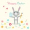Happy Easter greeting card with an easter bunny in glasses, Easter painted egg and art brush surrounded by flowers and