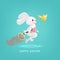 Happy Easter, greeting card, egg hunt, adorable bunny catching golden egg in spring season, flower and leaves falling on the floor