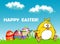 Happy Easter greeting card with eggs and a chick