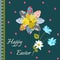 Happy Easter greeting card with eggs in form of flower and bouquet of daisy, daffodil and blue cosmos flowers