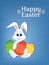 Happy Easter greeting card with eggs and rabbit. White cute Bunny with colorful eggs and Easter logo